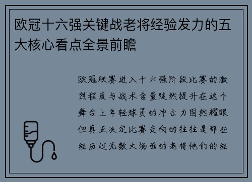 欧冠十六强关键战老将经验发力的五大核心看点全景前瞻 欧冠十六强关键战老将经验发力的五大核心看点全景前瞻
