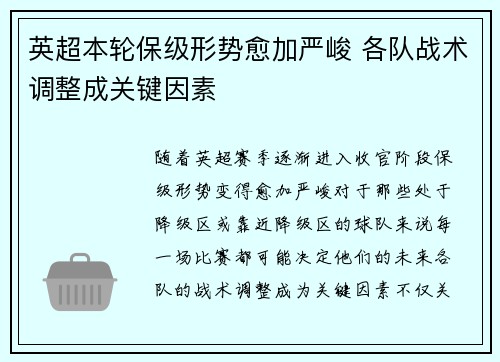 英超本轮保级形势愈加严峻 各队战术调整成关键因素